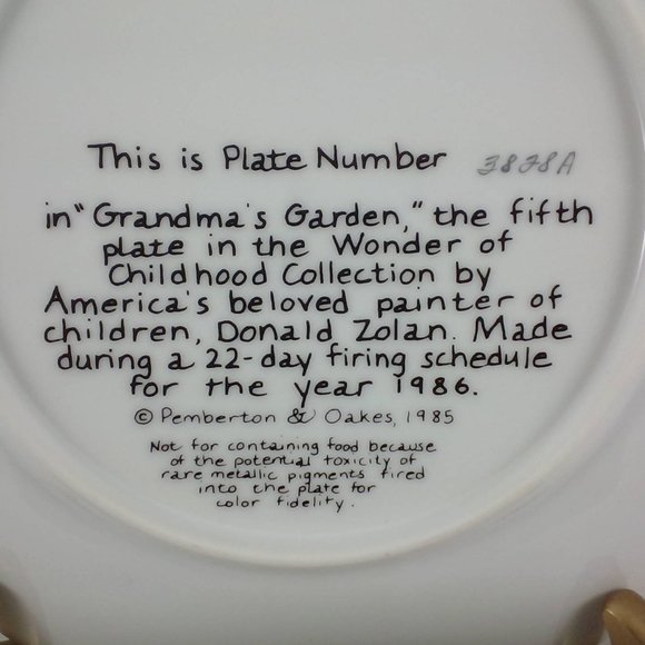"Grandma's Garden" Wonder of Childhood Plate Col.. 5th issue #3828A, 1985 - Picture 3 of 3